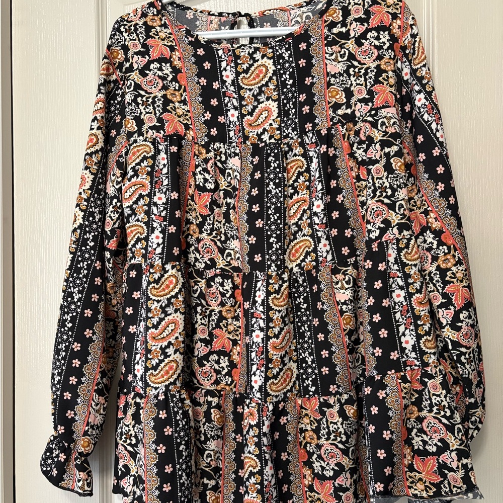 SHEIN Black Paisley Floral Tiered Long-Sleeve Tunic with Pink and Cream Accents